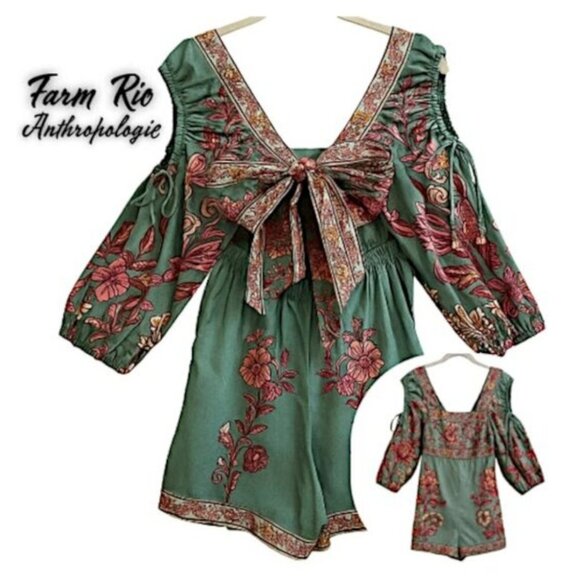 NWT Farm Rio Anthropologie Puff-Sleeve Square-Neck Romper Green S Floral Boho - Picture 1 of 15